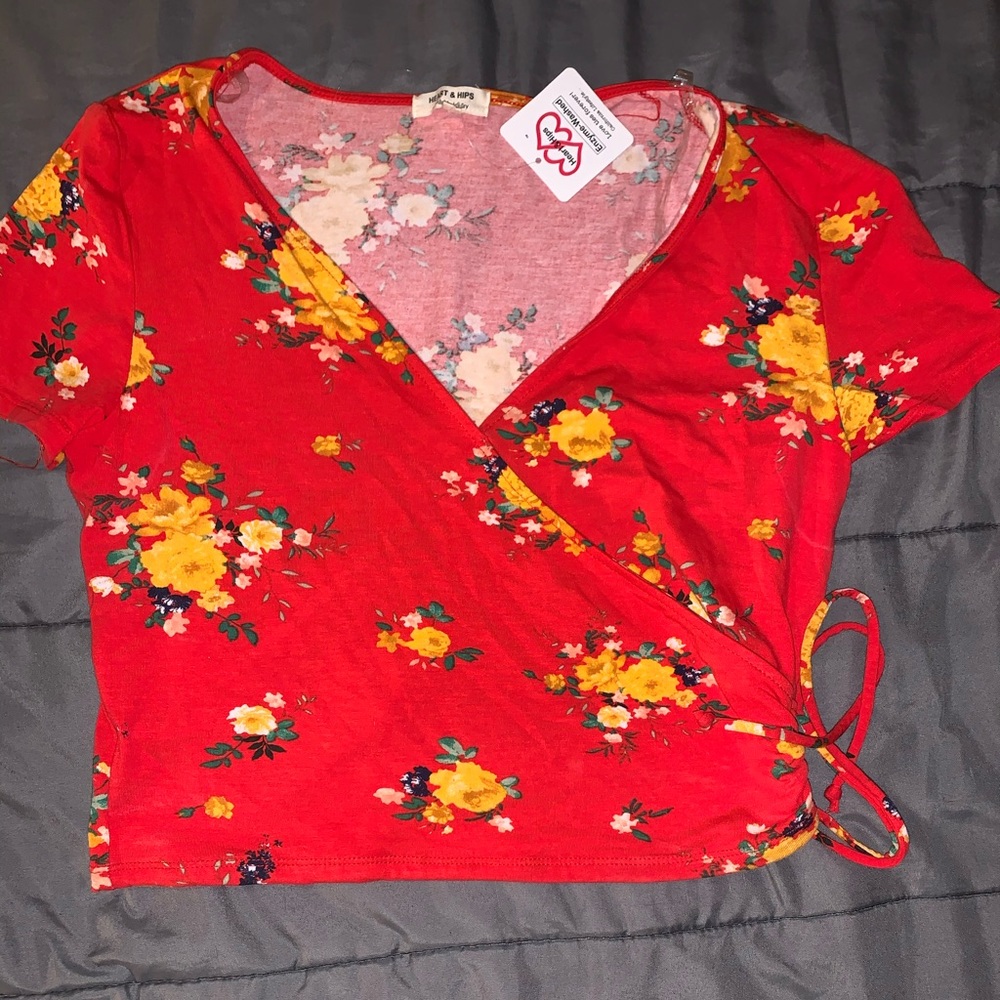 Red crop top with yellow flowers